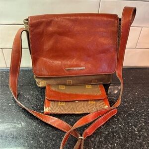 Vintage TEXIER Leather & Canvas Messenger Doctor Purse Bag & Wallet Set France